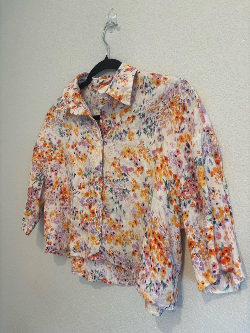 H&M Linen Floral Crop Button Up Blouse XS Multicolor Short Sleeve - Picture 3 of 10